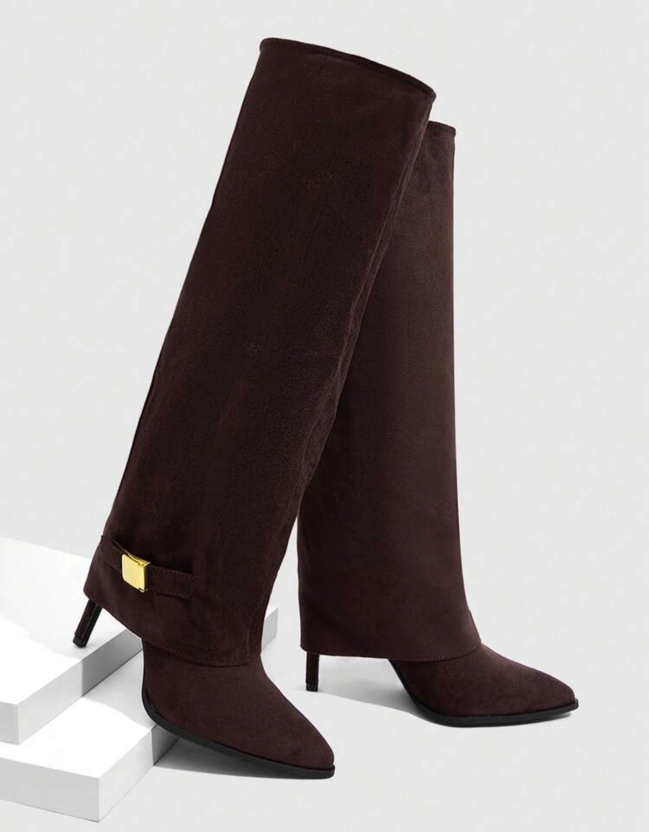 Women’s White Pointed Toe Knee-High Boots with Metal Accent & Slim High Heel