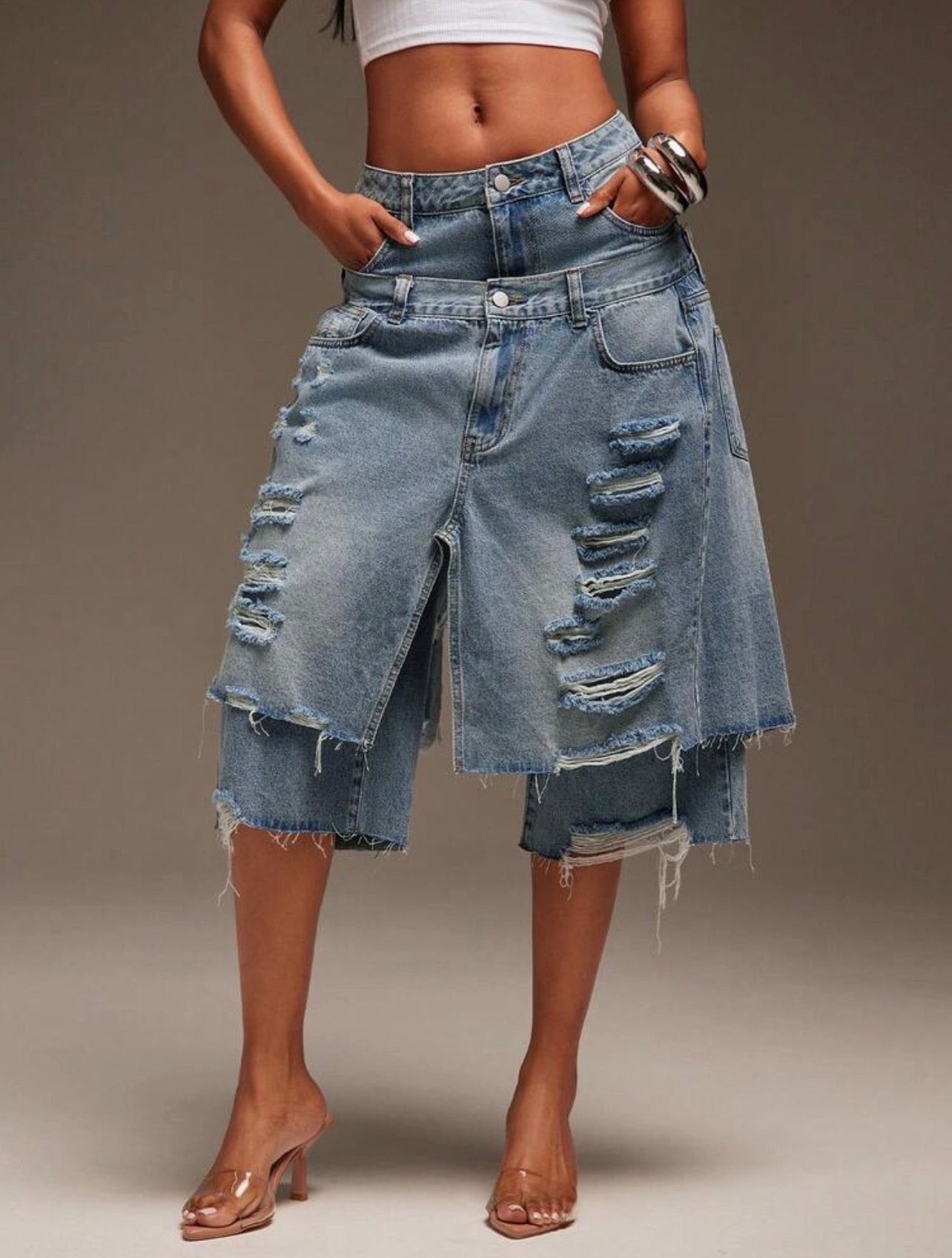 Women’s Layered Distressed Denim Jorts – Casual Streetwear Shorts