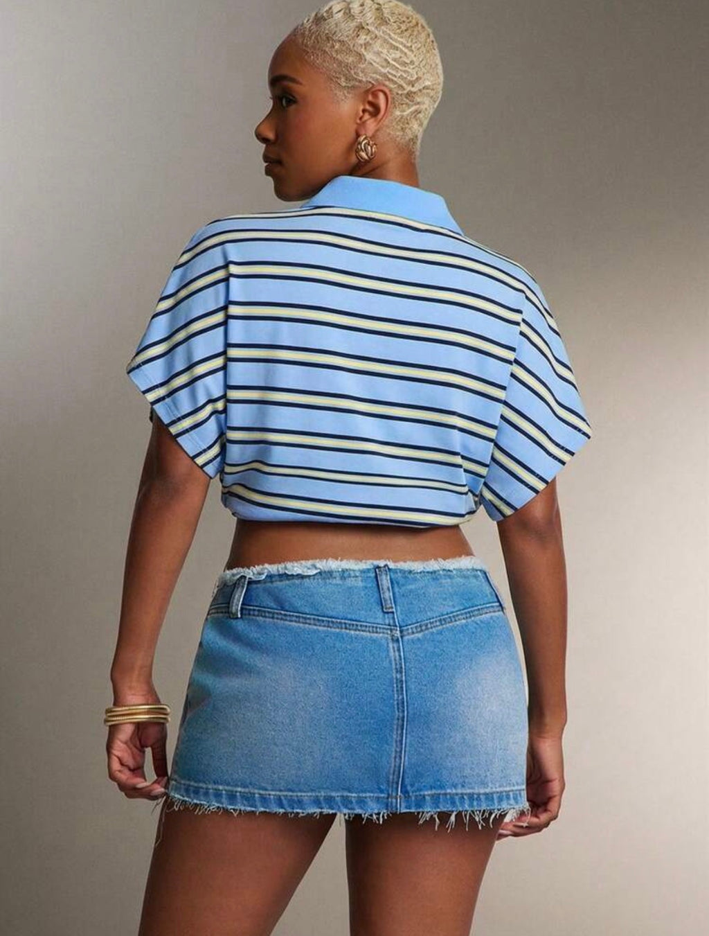 Women’s Cinched Waist Striped Polo Collar Top – Fashion Casual Shirt