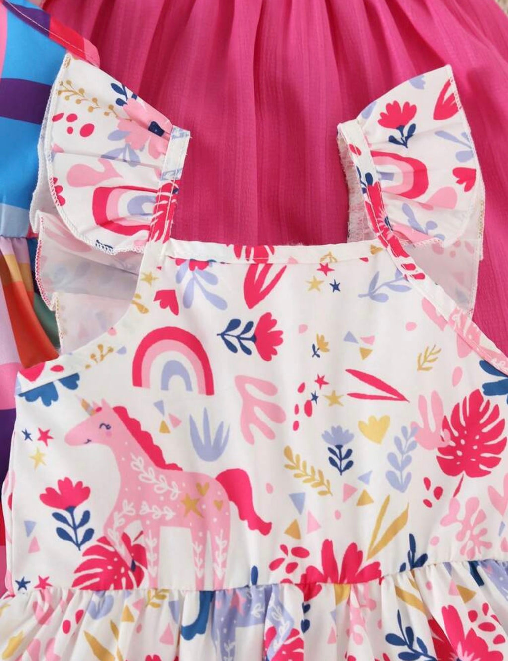 3-Piece Girls Floral & Striped Ruffle Cuff Square Collar Dress Set for Summer