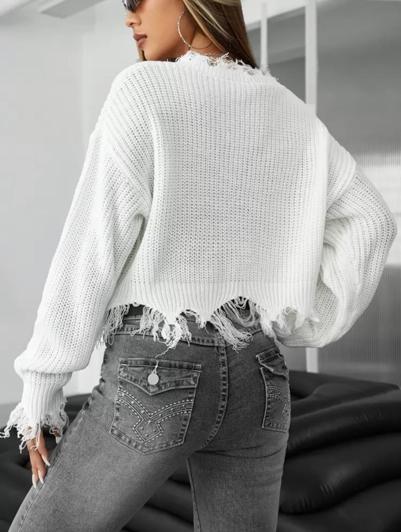 Women’s Distressed Trim Drop Shoulder Cropped Sweater – Casual Street Style Knit Top