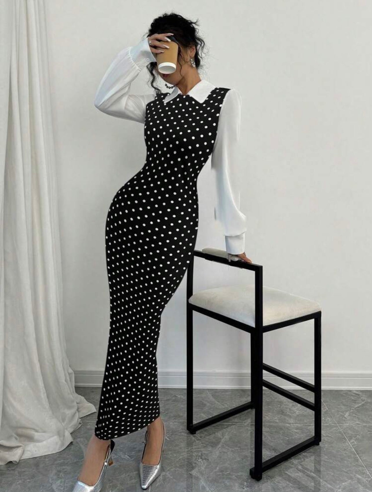 Women’s Houndstooth Patchwork Puff Sleeve Collar Slim Fit Maxi Dress – Elegant Autumn/Winter Style