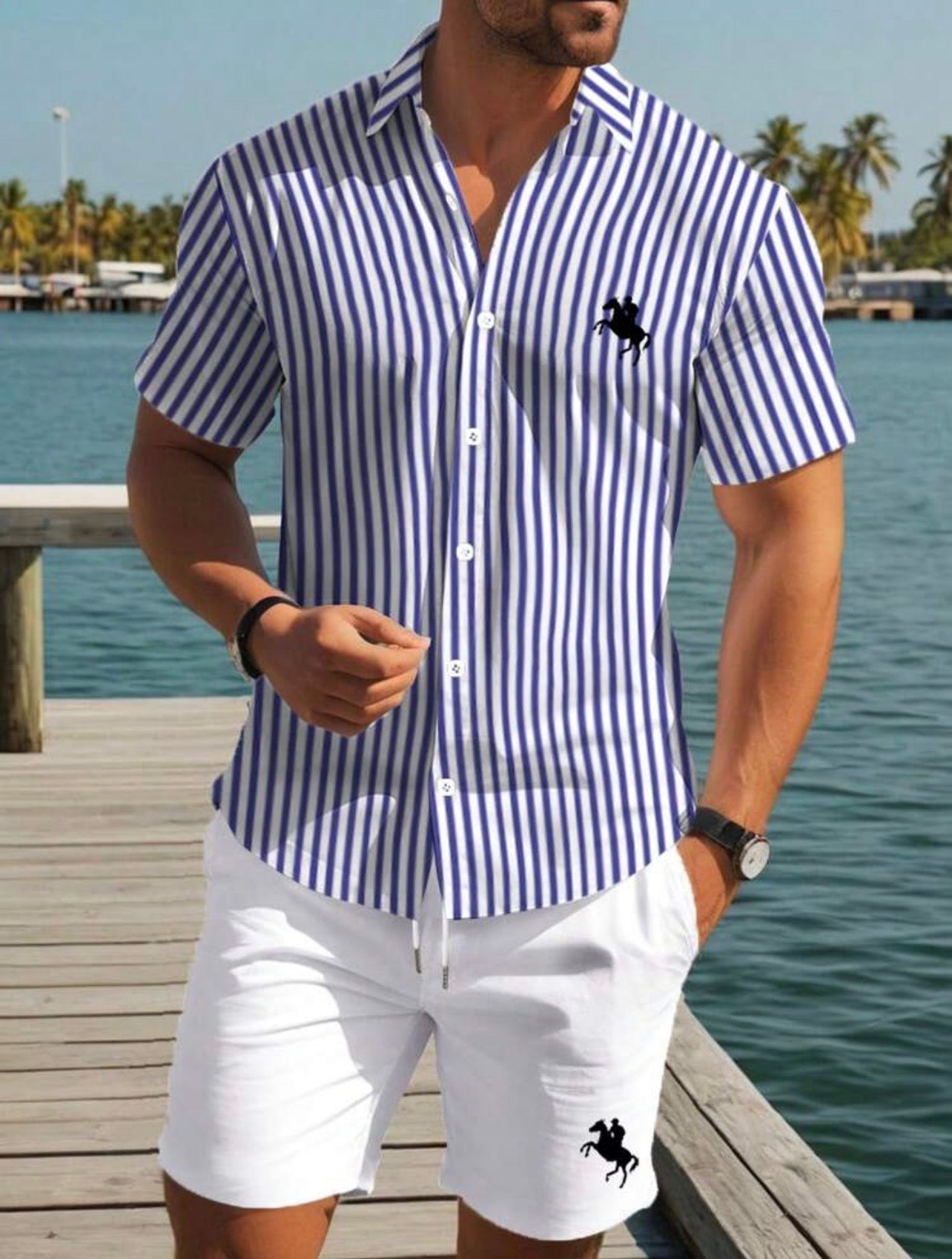 Men’s Contrast Color Button-Up Shirt & Shorts Two-Piece Set – Casual Vacation Outfit