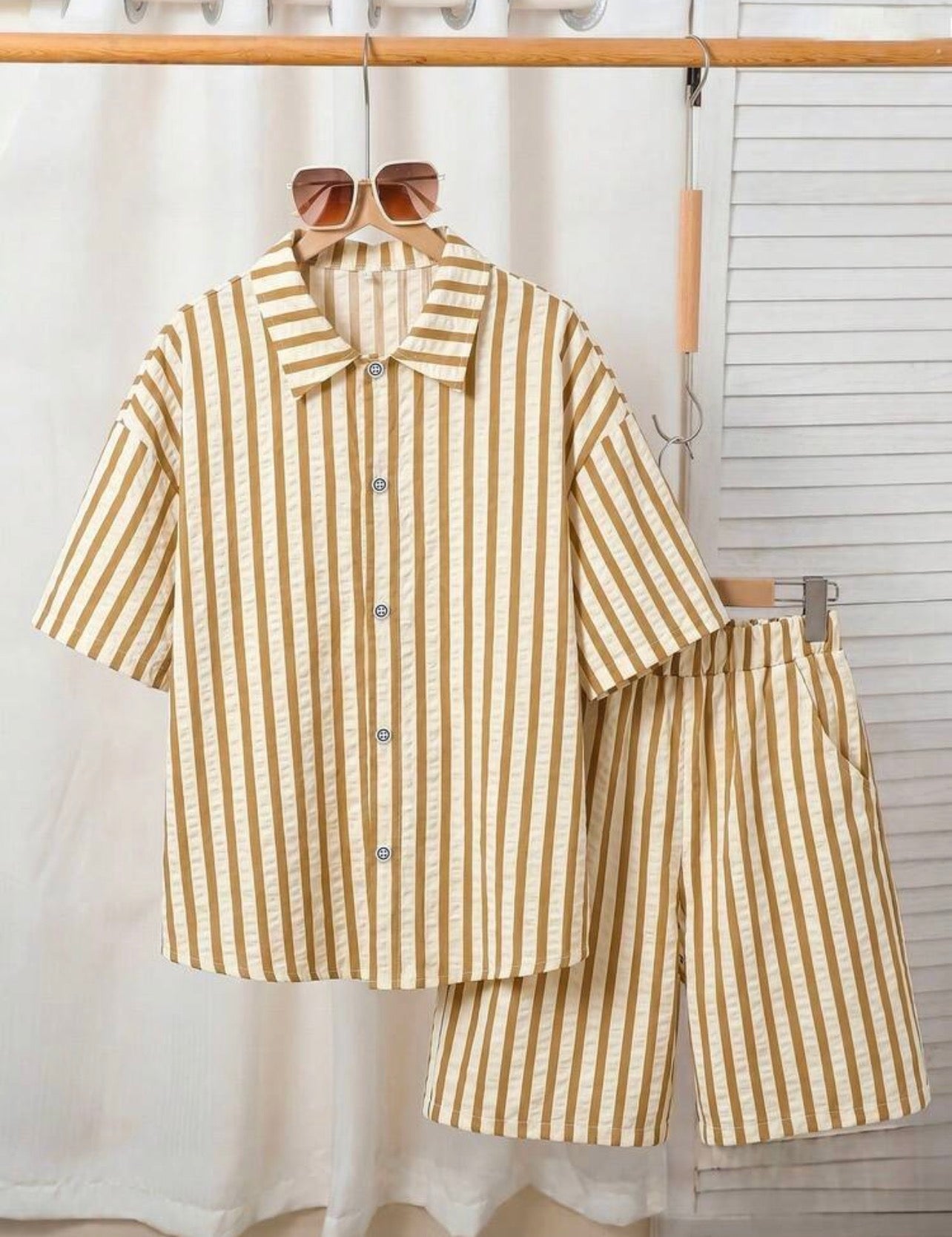 Kids Boys Vertical Striped Short Sleeve Shirt & Casual Shorts 3-Piece Outfit Set