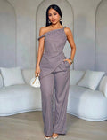 Chic Striped Asymmetrical One-Shoulder Blouse & Wide-Leg Pants Two-Piece Set for Women