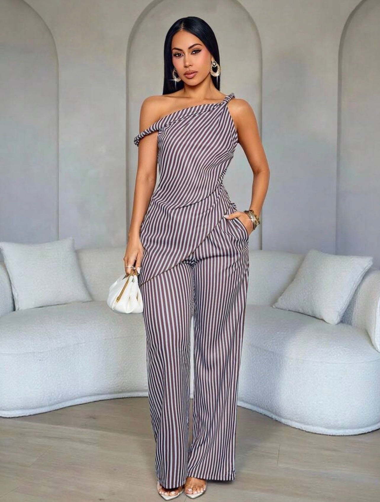 Chic Striped Asymmetrical One-Shoulder Blouse & Wide-Leg Pants Two-Piece Set for Women