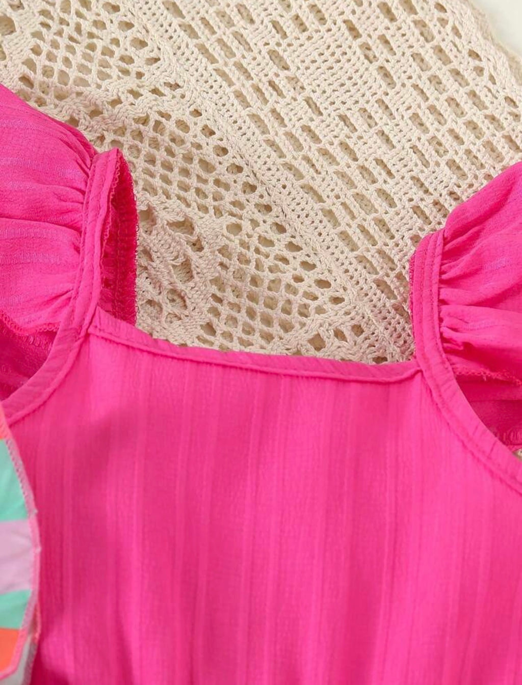 3-Piece Girls Floral & Striped Ruffle Cuff Square Collar Dress Set for Summer