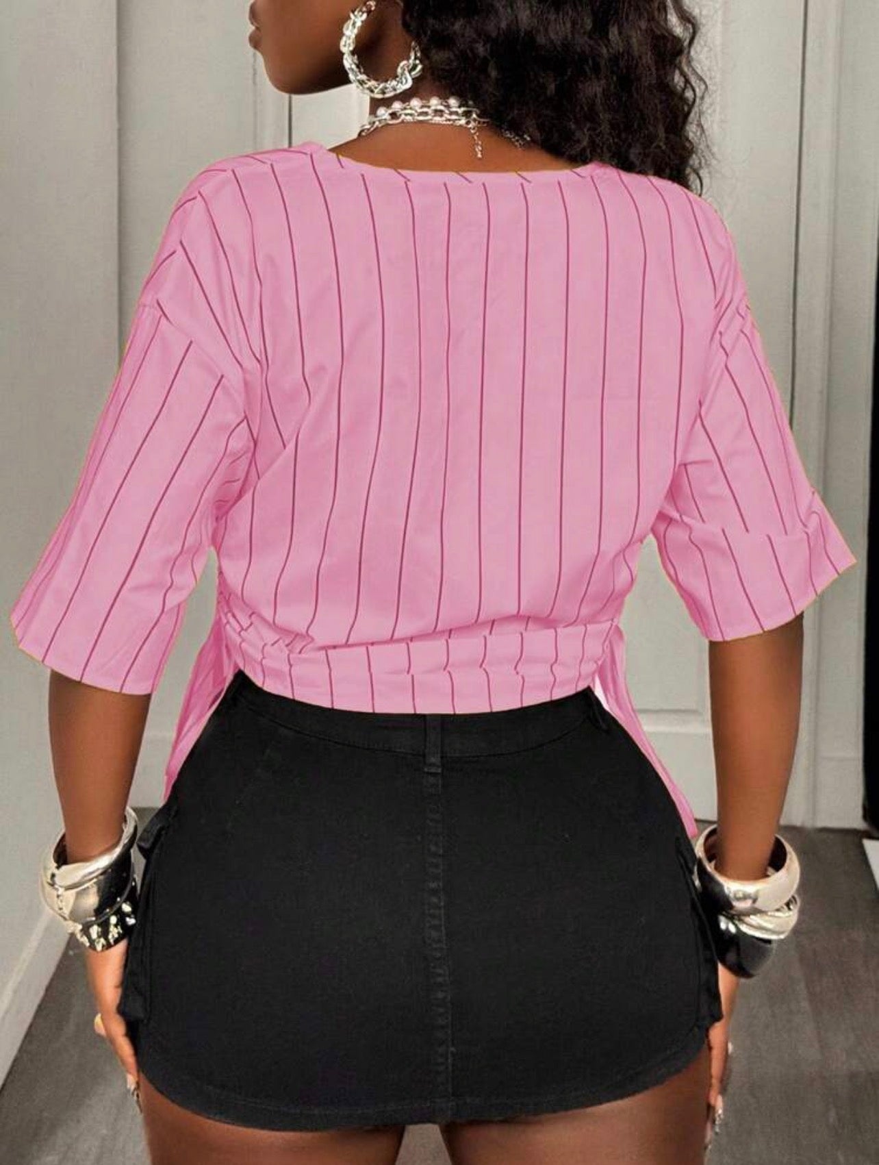 Women’s Striped Cinched Waist Short Sleeve Blouse – Casual Summer Vacation Top