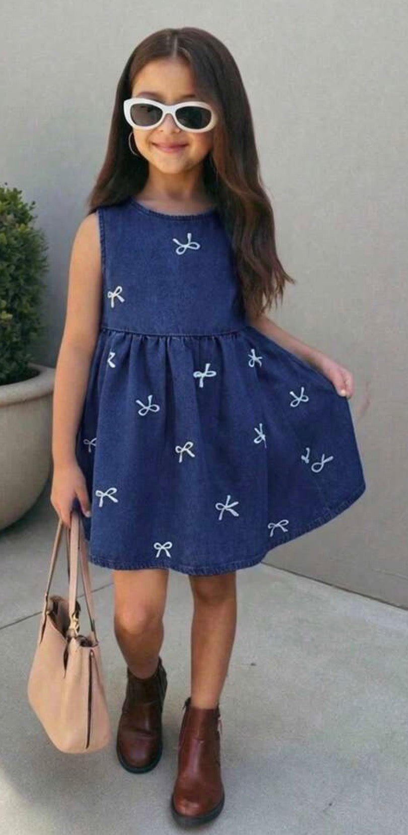 Girls White Bow Detail Blue Denim Sleeveless Dress