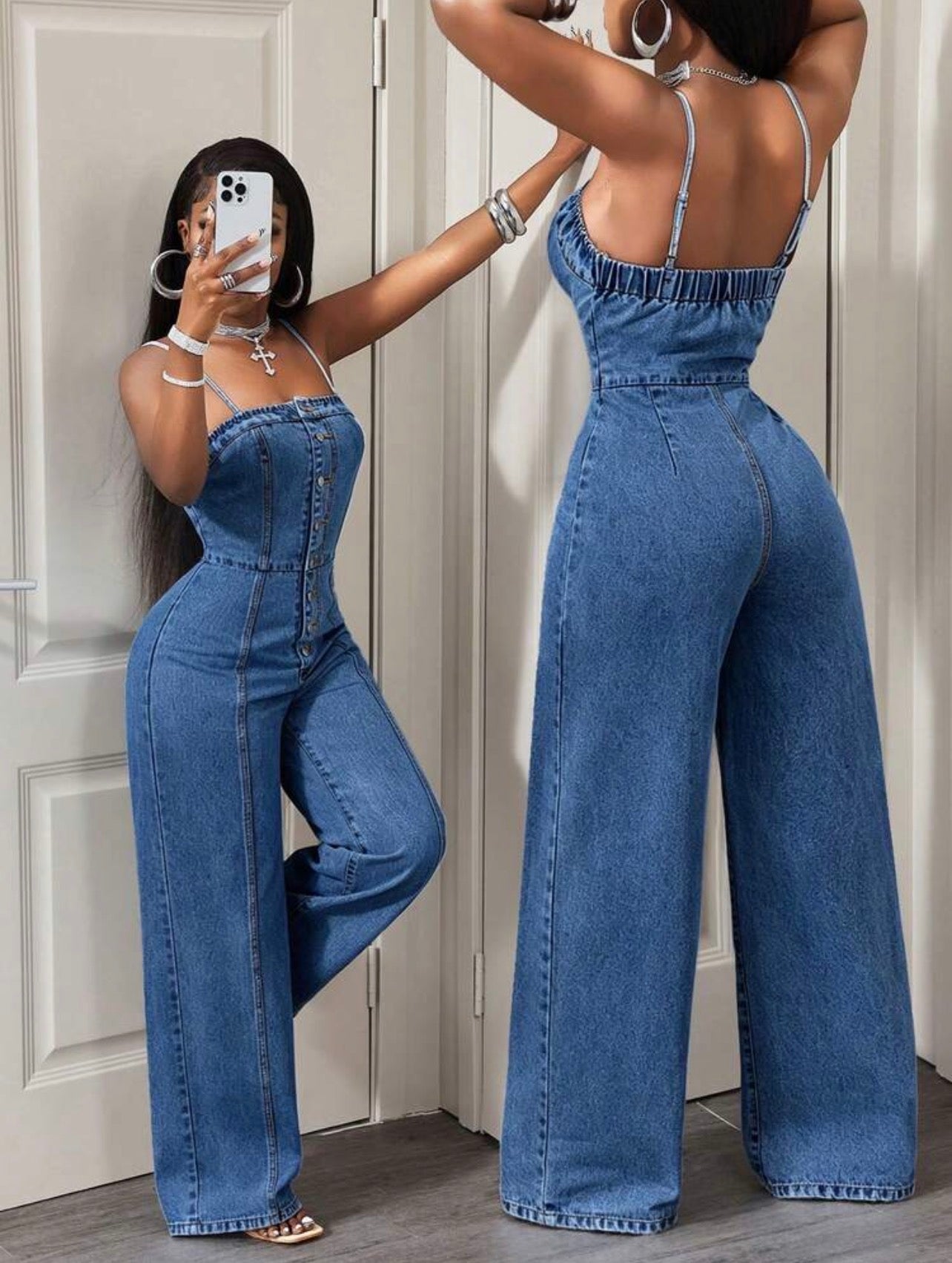 Women’s Front Button Strap Denim Jumpsuit – Casual Cotton One-Piece Outfit