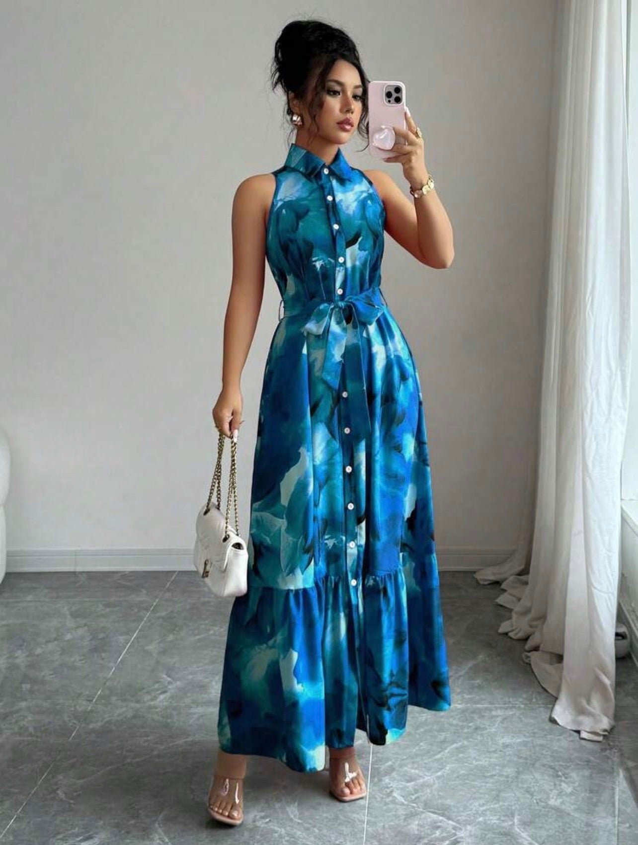 Women’s Floral Print Button-Down Sleeveless Casual Dress – Summer Wear