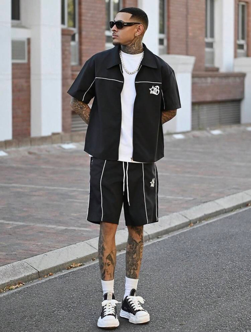 Men’s Star Print Zipper Shirt & Shorts Three-Piece Streetwear Set
