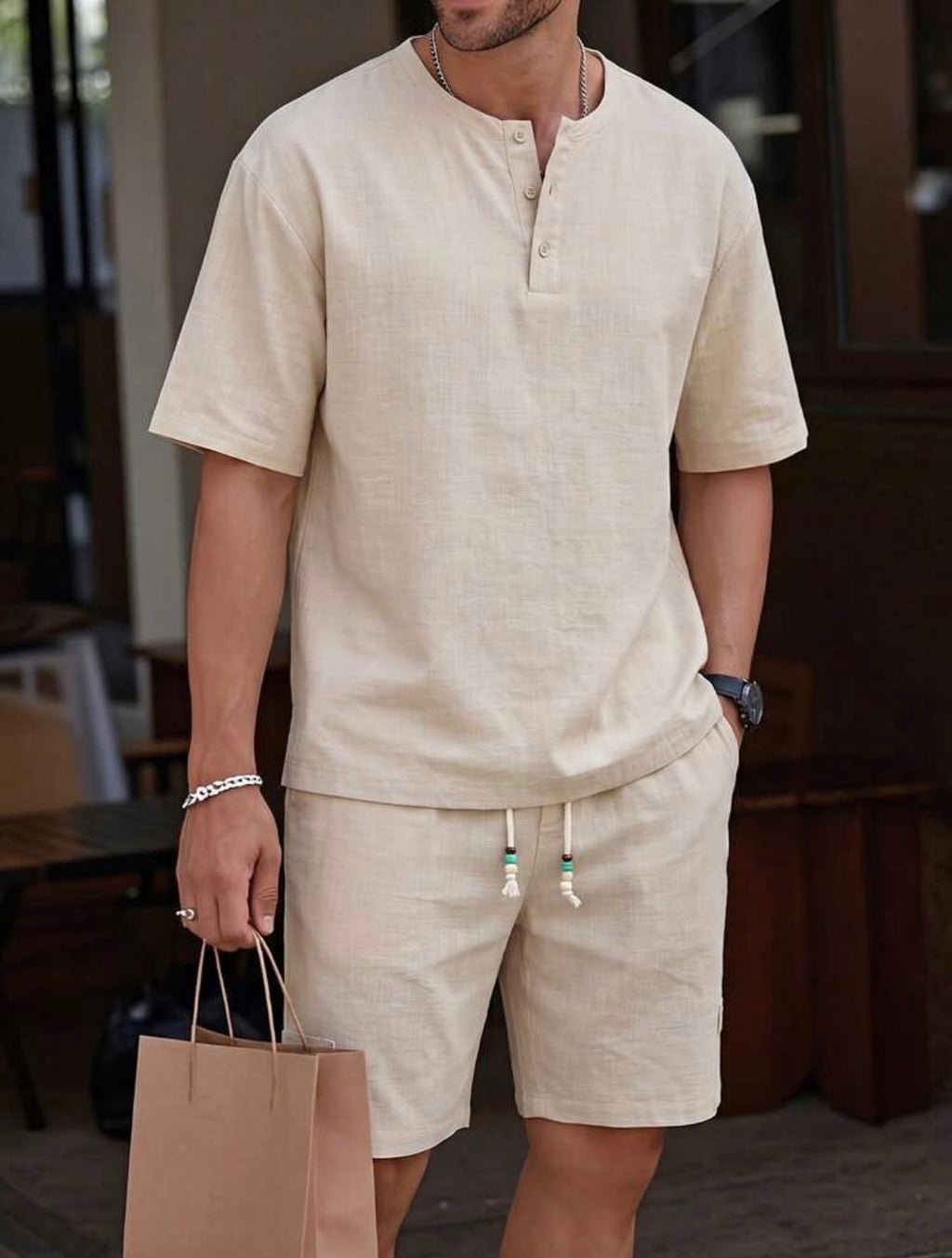 Men’s Linen-Look Henley Neck Polo Shirt & Shorts Two-Piece Set – Casual Summer Outfit