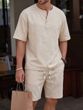 Men’s Linen-Look Henley Neck Polo Shirt & Shorts Two-Piece Set – Casual Summer Outfit