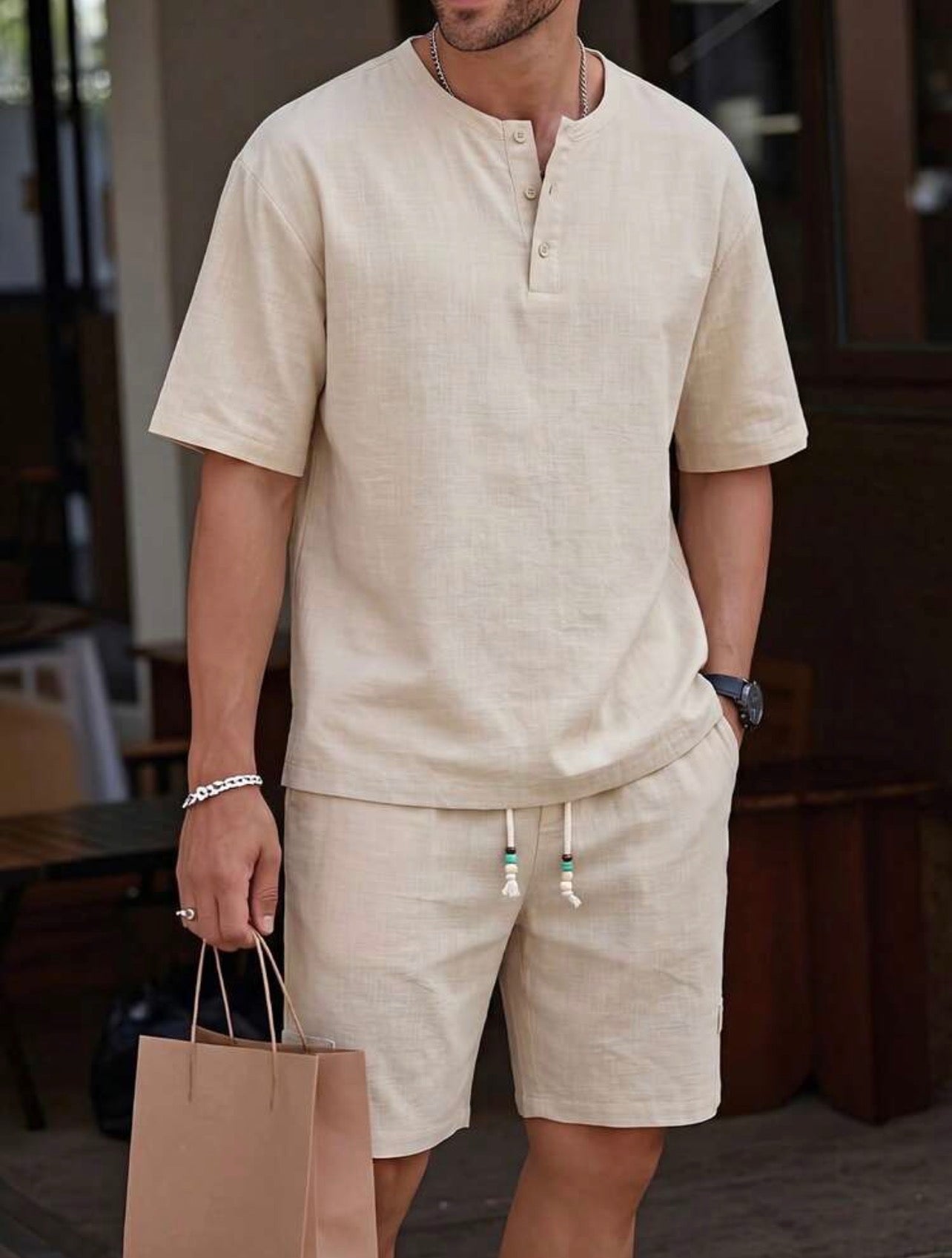 Men’s Linen-Look Henley Neck Polo Shirt & Shorts Two-Piece Set – Casual Summer Outfit