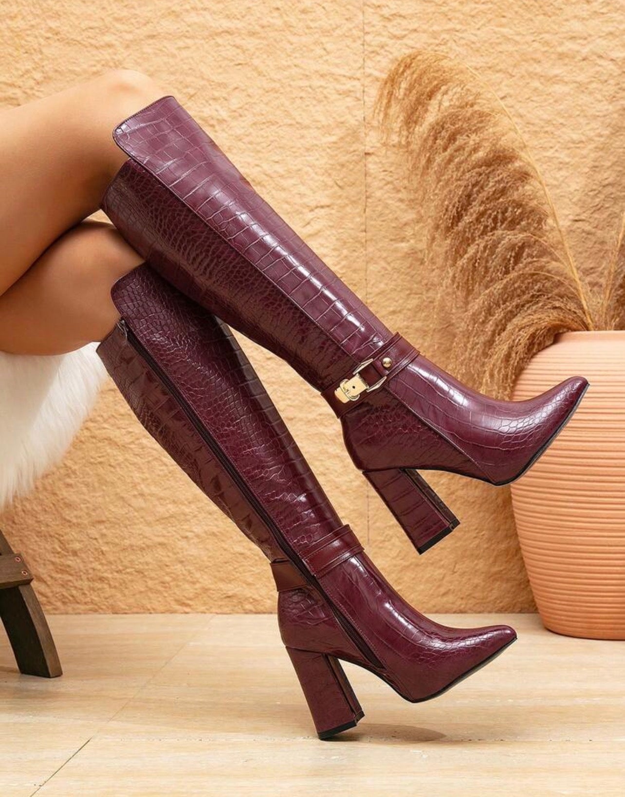 Women’s Brown Alligator Print Knee-High Boots with Pointed Toe & Block Heel