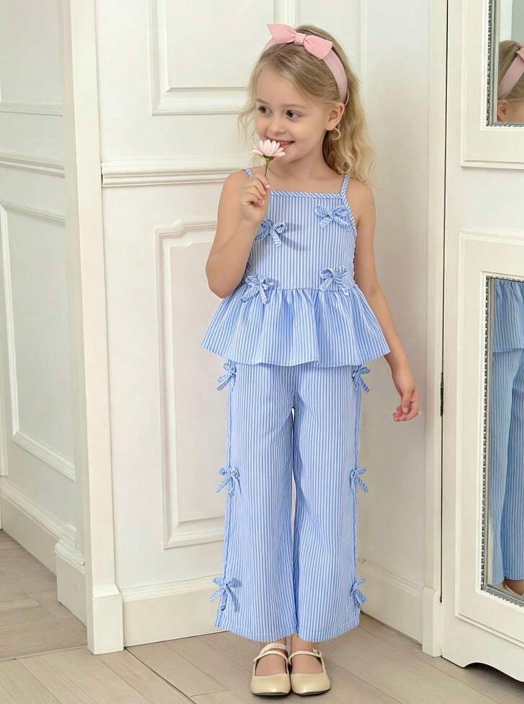 Girls Striped Ruffle Trim Cami Top & Bow Waist Pants Outfit Set