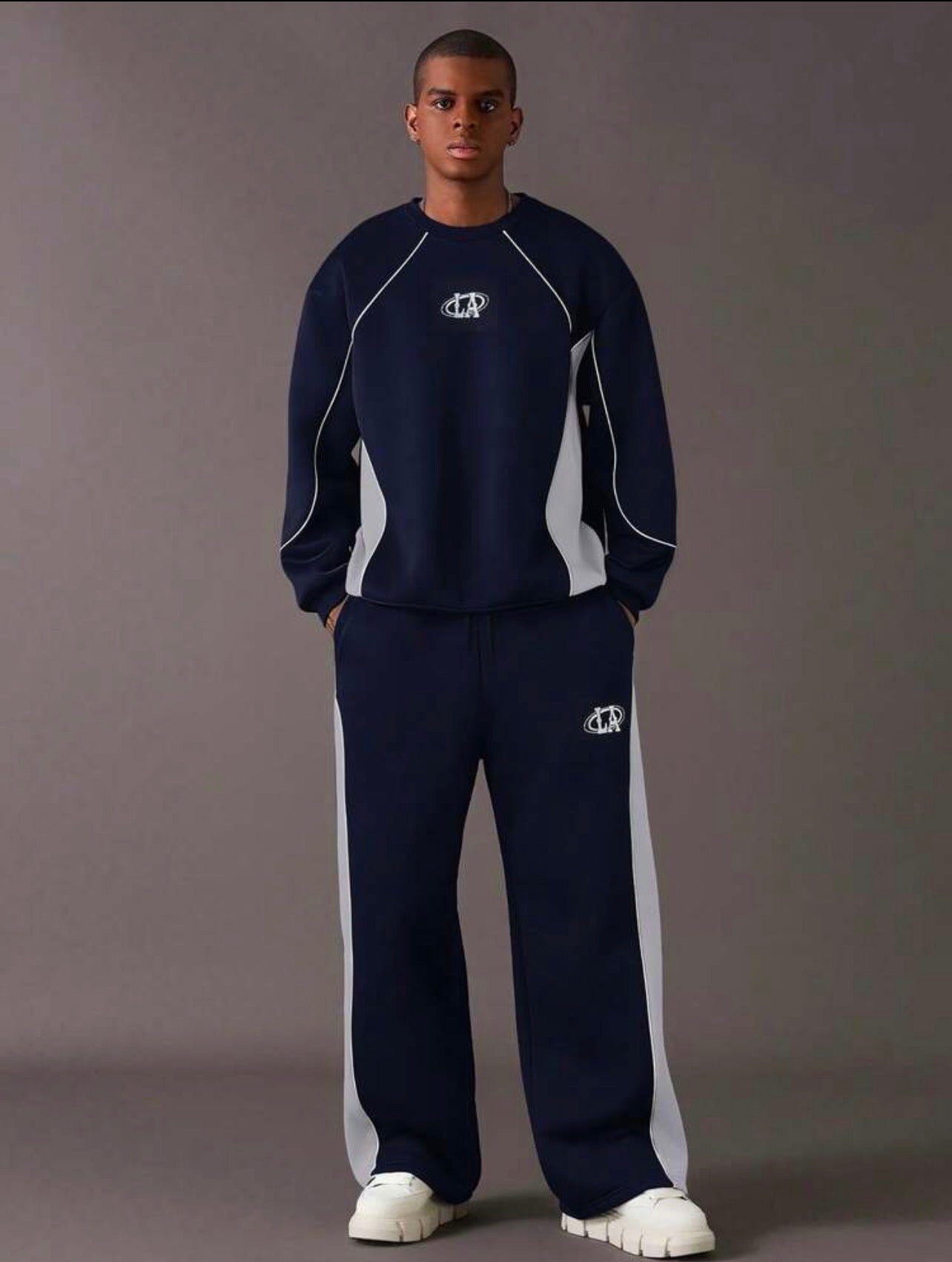 Men’s Contrast Color Long Sleeve Sweatshirt & Sweatpants Two-Piece Set – Casual Cozy Outfit