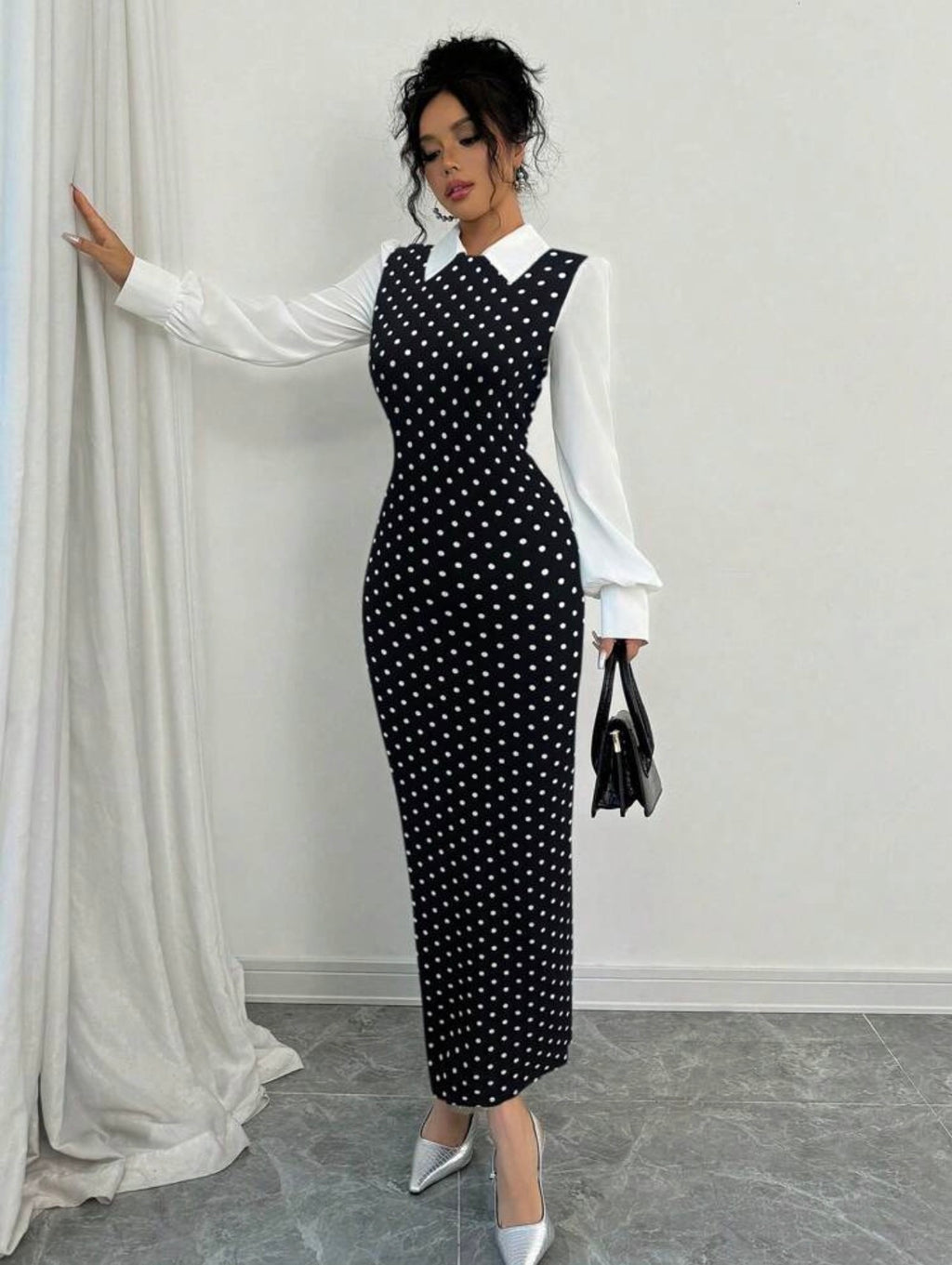 Women’s Houndstooth Patchwork Puff Sleeve Collar Slim Fit Maxi Dress – Elegant Autumn/Winter Style