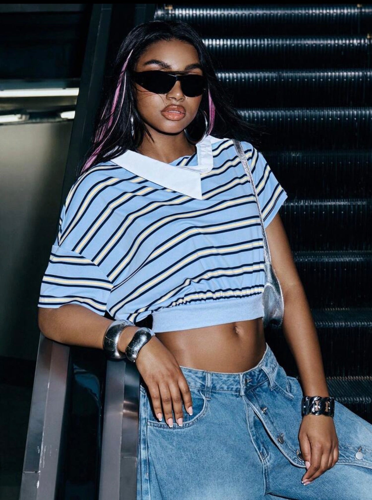 Women’s Asymmetrical Collar Striped Cropped Polo Top – Streetwear Fashion Shirt