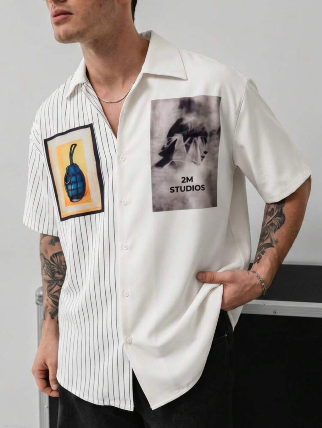 Men’s Two-Tone Striped Camp Collar Short Sleeve Shirt – Oversized Graphic Streetwear Top