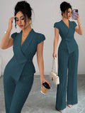 Women’s Elegant Asymmetrical Collar Puff Sleeve Blouse & Elastic Waist Pants Two-Piece Set