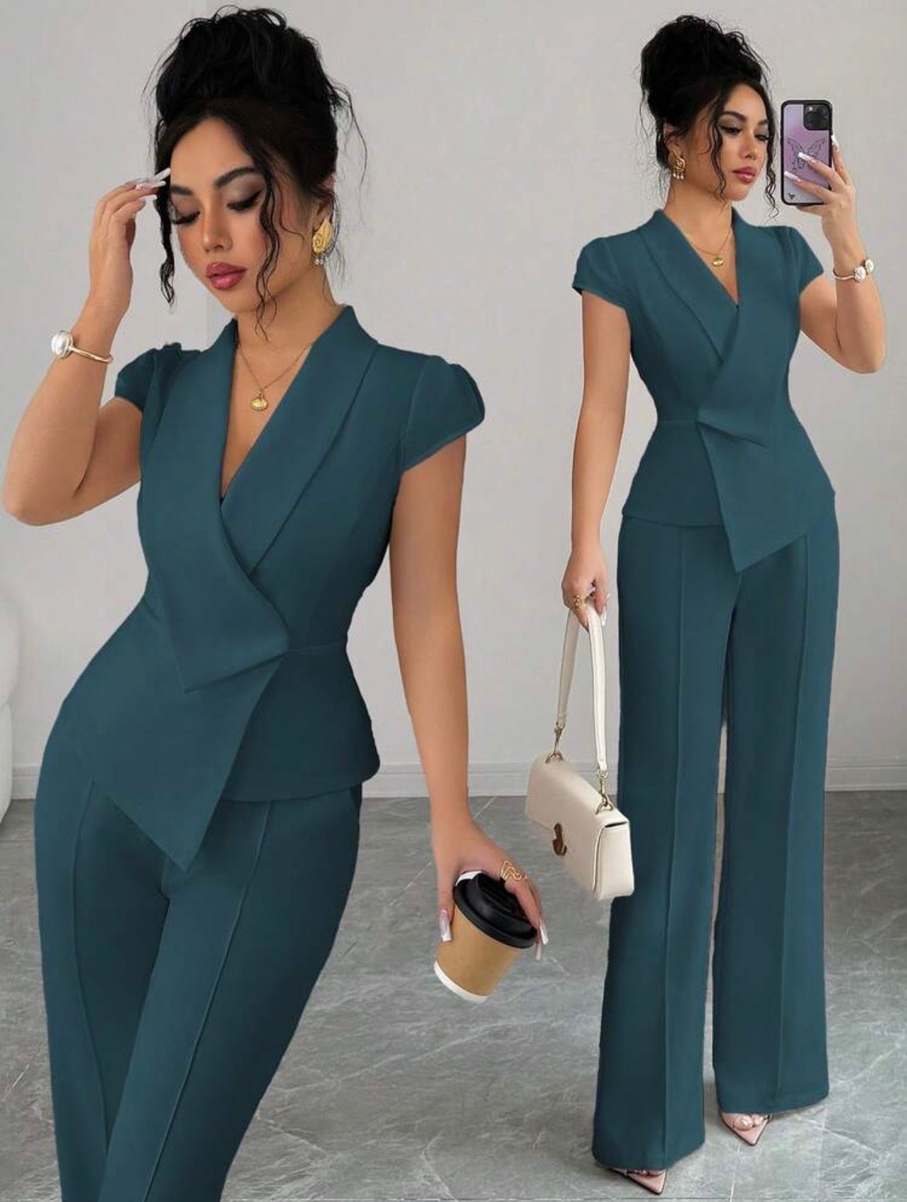Women’s Elegant Asymmetrical Collar Puff Sleeve Blouse & Elastic Waist Pants Two-Piece Set