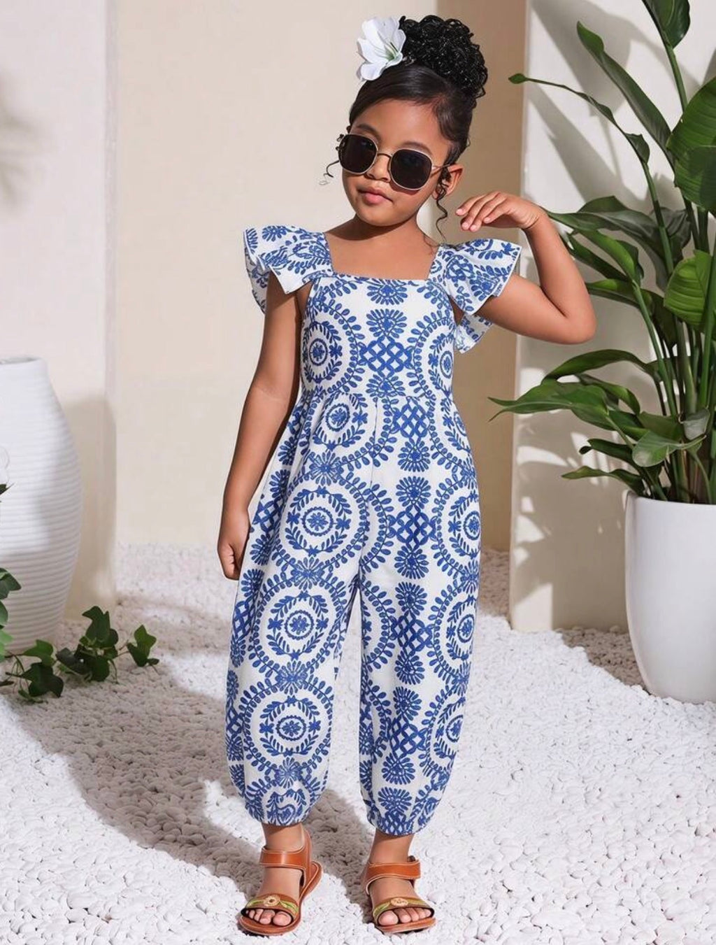 Girls Ditsy Floral Ruffled Collar Casual Jumpsuit