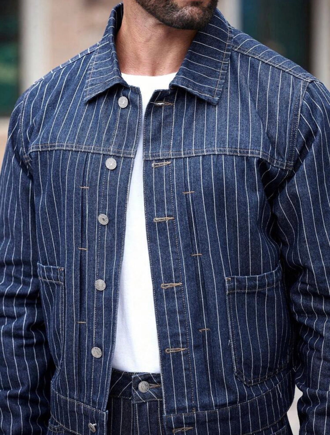 Men’s Striped Jacket & Jeans Two-Piece Casual Set – Urban Fall Outfit