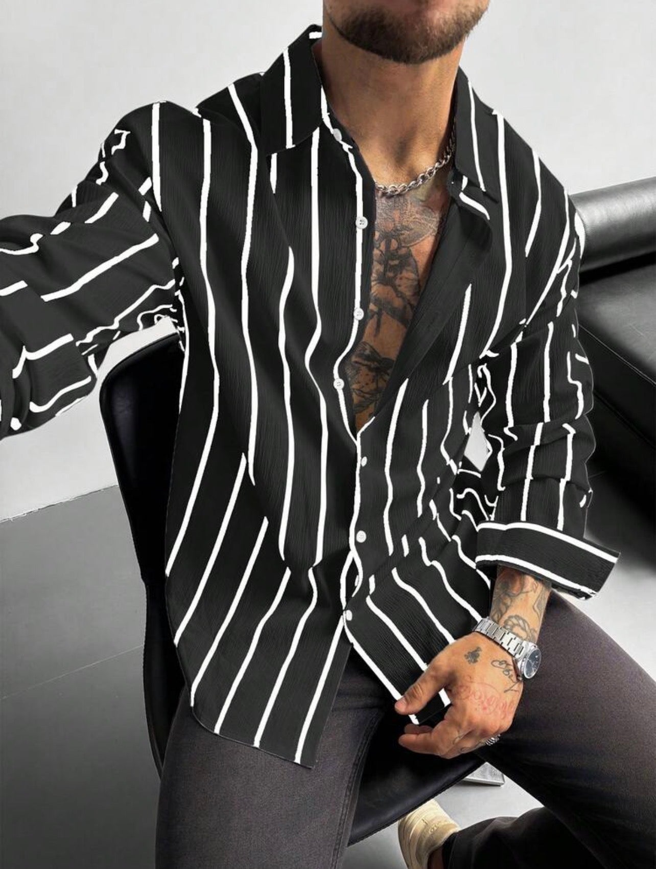 Men’s Classic Striped Linen-Feel Long Sleeve Button-Down Shirt – Casual Office Top