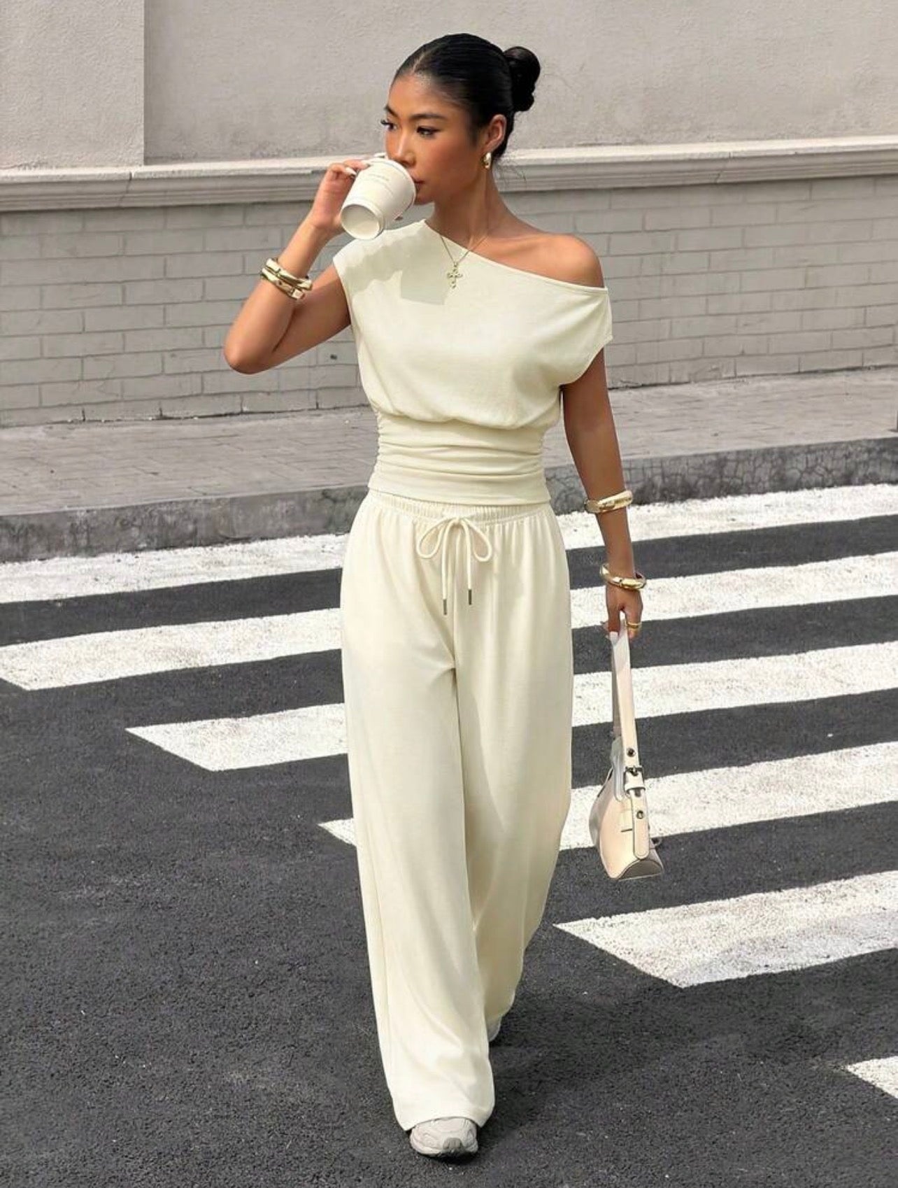 Women’s Asymmetrical Shoulder Cinched Waist Top & Loose Pants Two-Piece Set