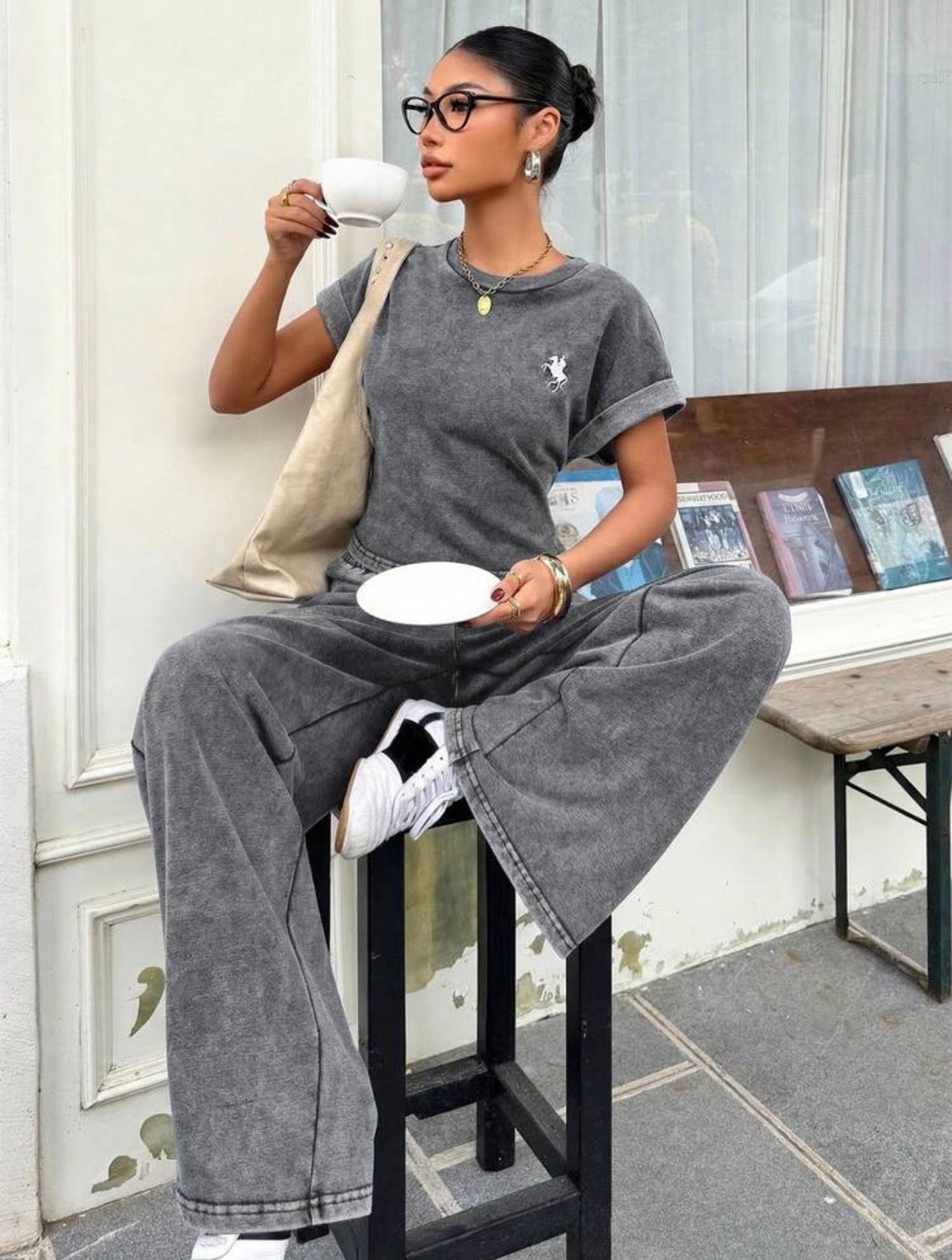 Women’s Vintage Washed Embroidered Loose T-Shirt & Wide Leg Pants Two-Piece Set