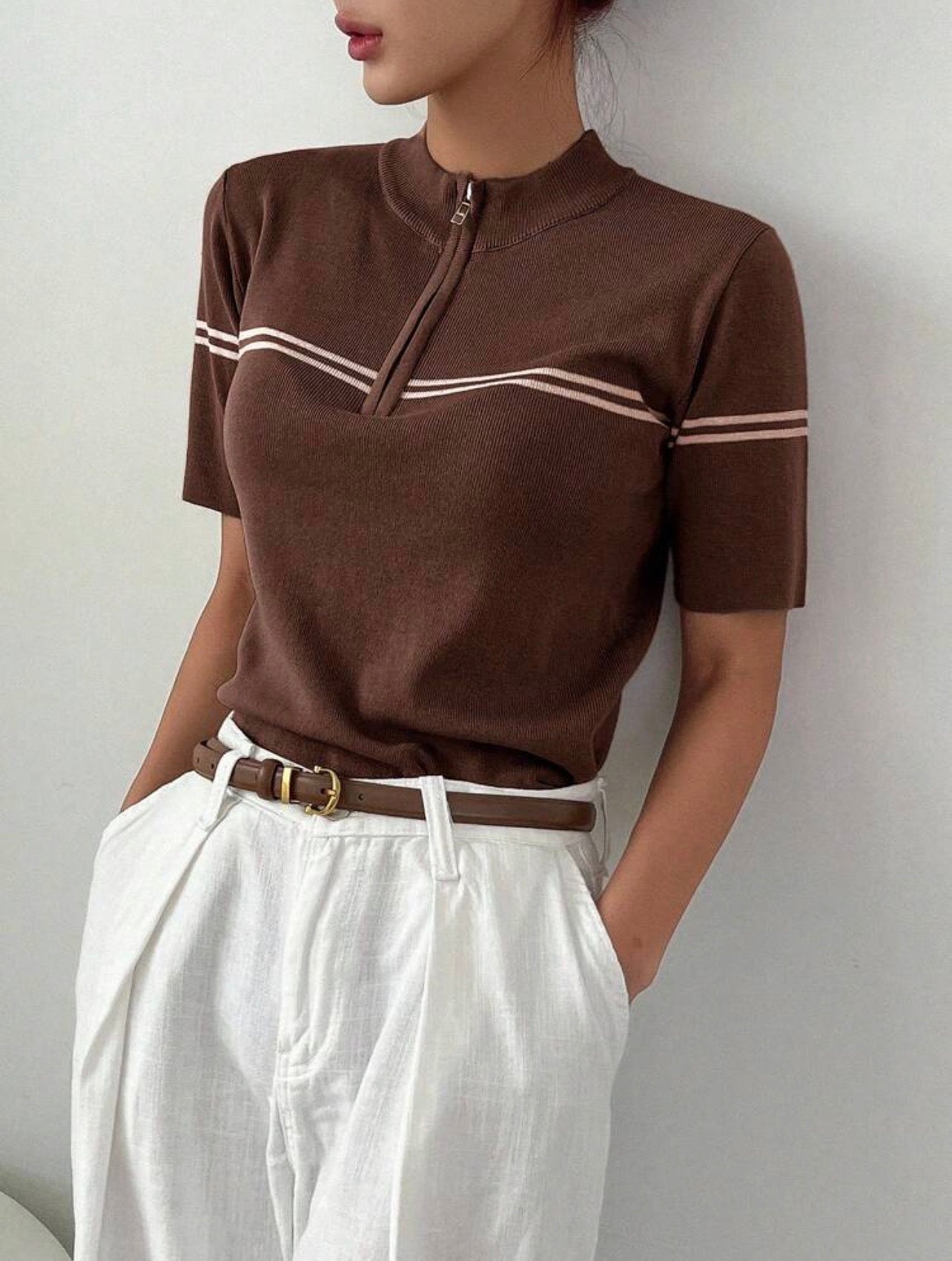 Women’s Business Casual Stand Collar Short Sleeve Knit Pullover Top