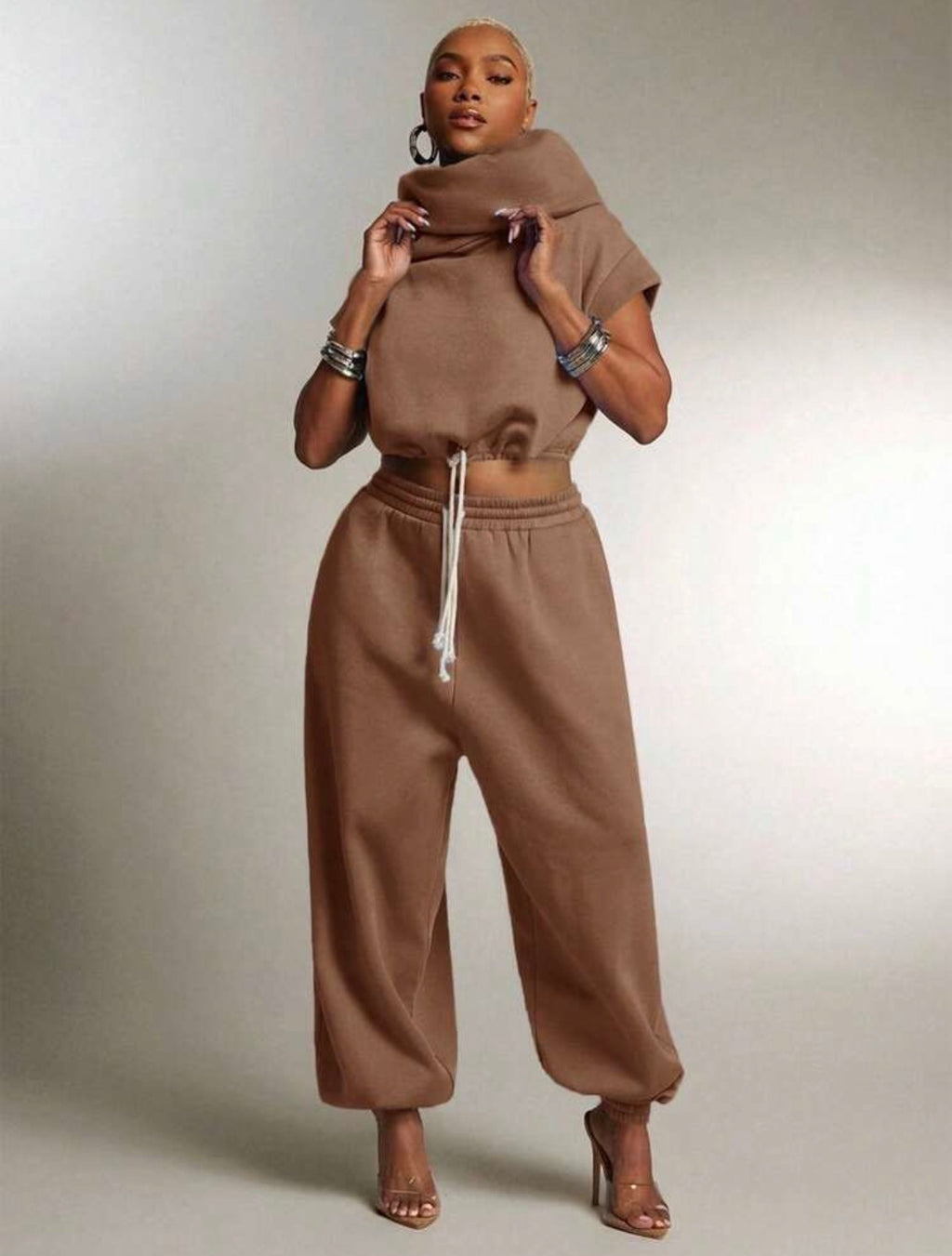 Women’s High Neck Hooded Terry Sweatshirt Top – Multi-Wear Streetwear Hoodie