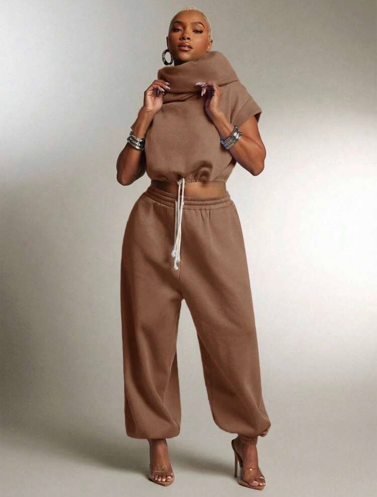 Women’s High Neck Hooded Terry Sweatshirt Top – Multi-Wear Streetwear Hoodie