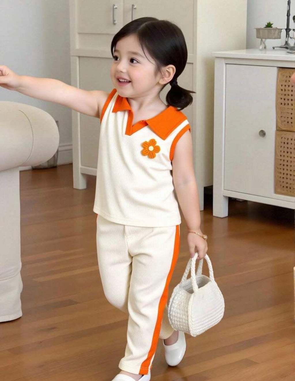 Girls Strawberry Embroidered White Collar Top & Pink Flared Pants Casual Outfit