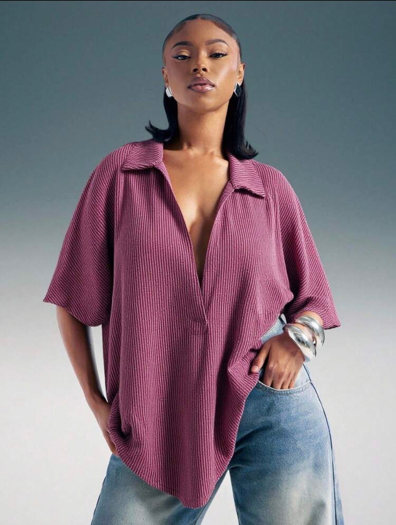 Women’s Plunge Neck Collared Oversized Short Sleeve Top – Casual Fashion Wear