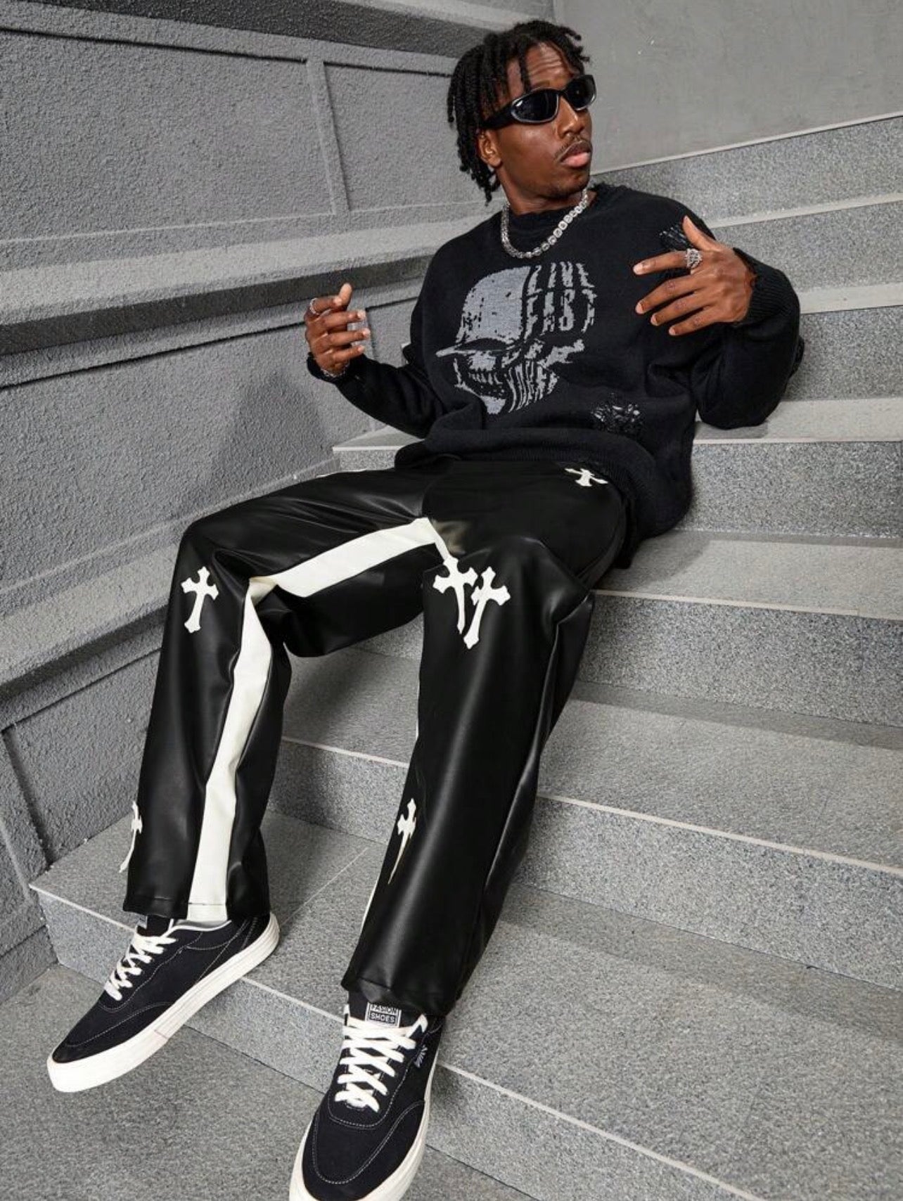 Men’s Cross Print Color Block PU Leather Baggy Pants – Casual Streetwear Trousers