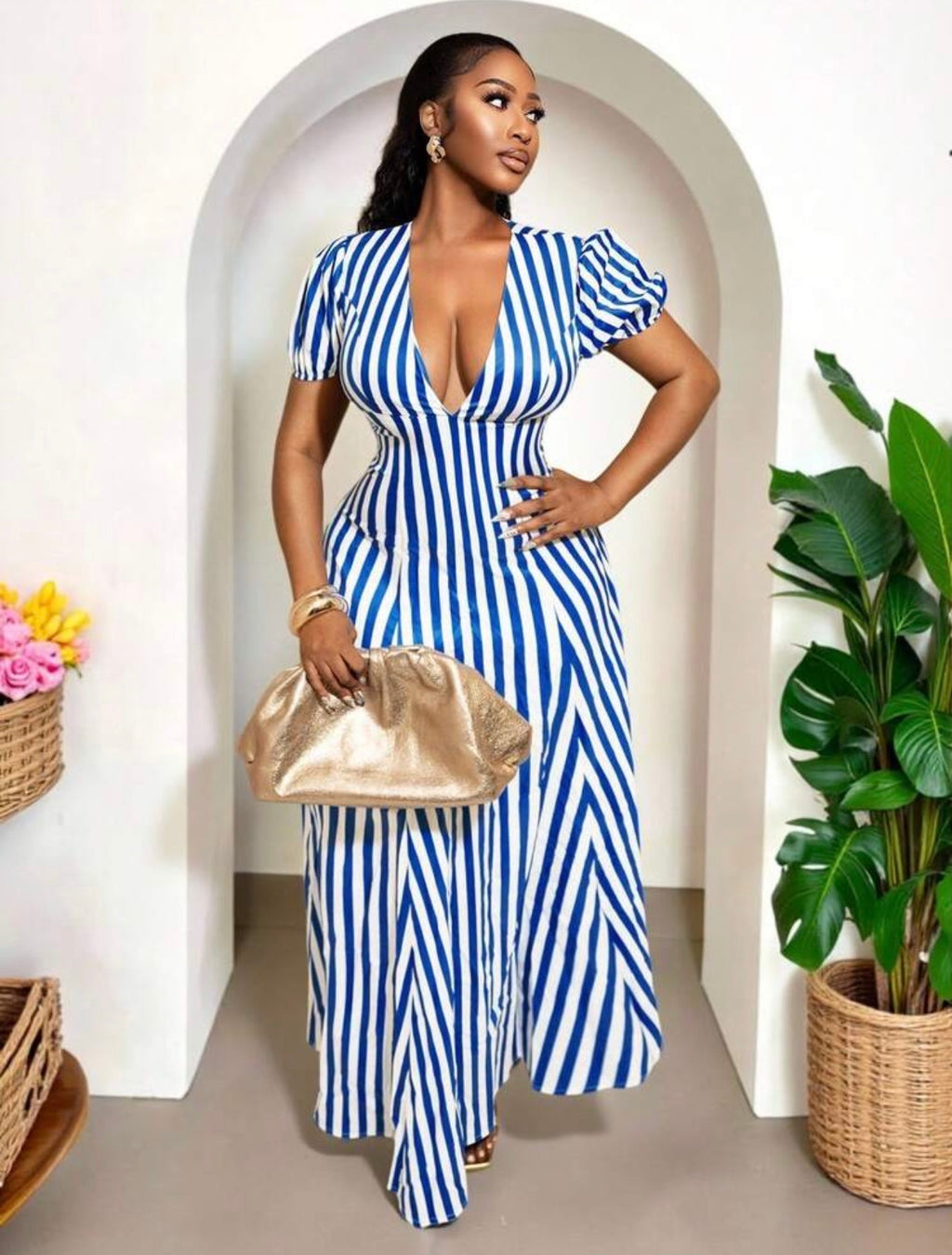 Women’s V-Neck Striped A-Line Maxi Dress – Elegant Casual Occasion Wear