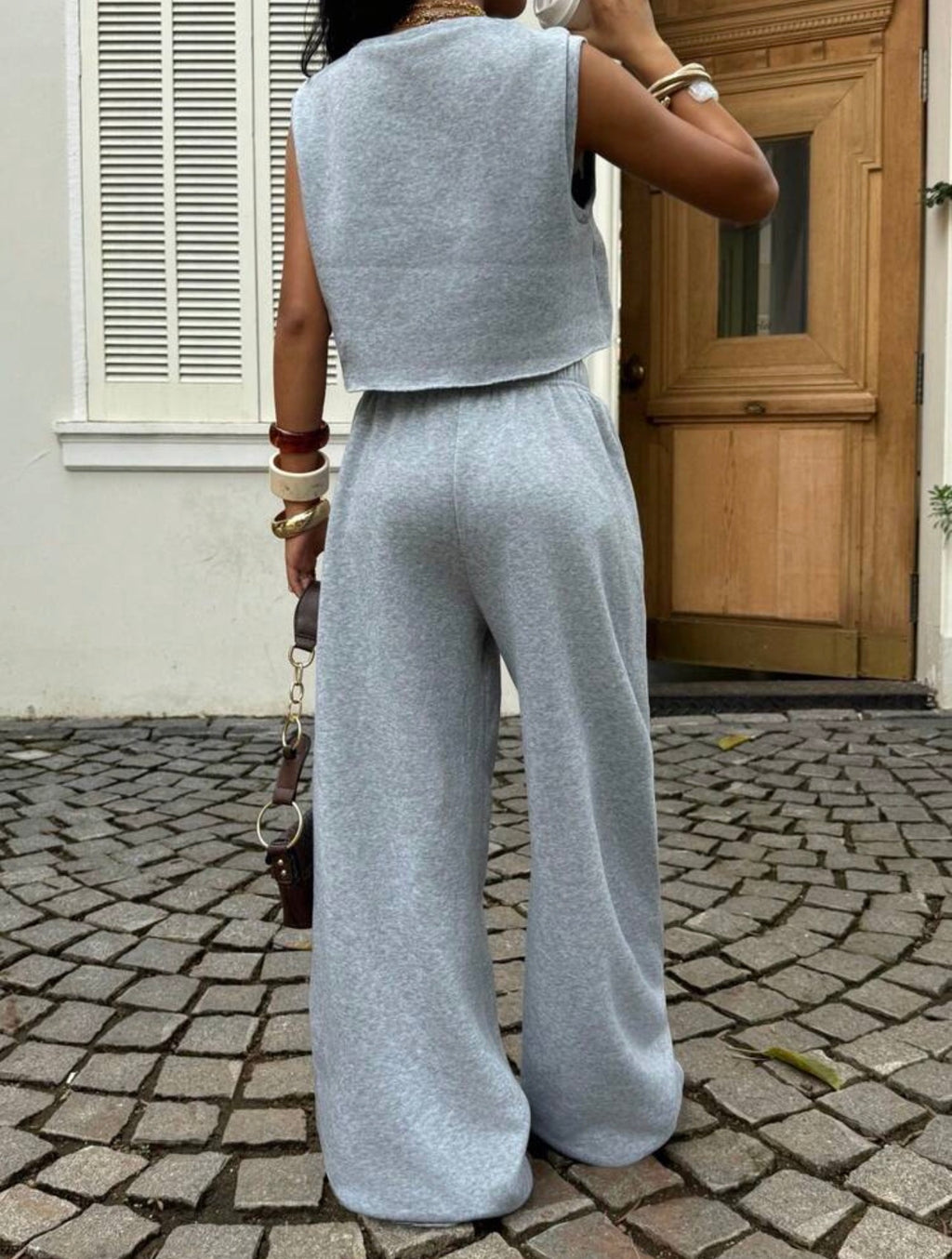 Women’s Grey Knit Casual Sweatsuit Two-Piece Set – Comfortable Co-Ord Outfit