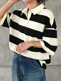 Women’s Striped Polo Neck Short Sleeve Loose Fit T-Shirt – Casual Summer Top