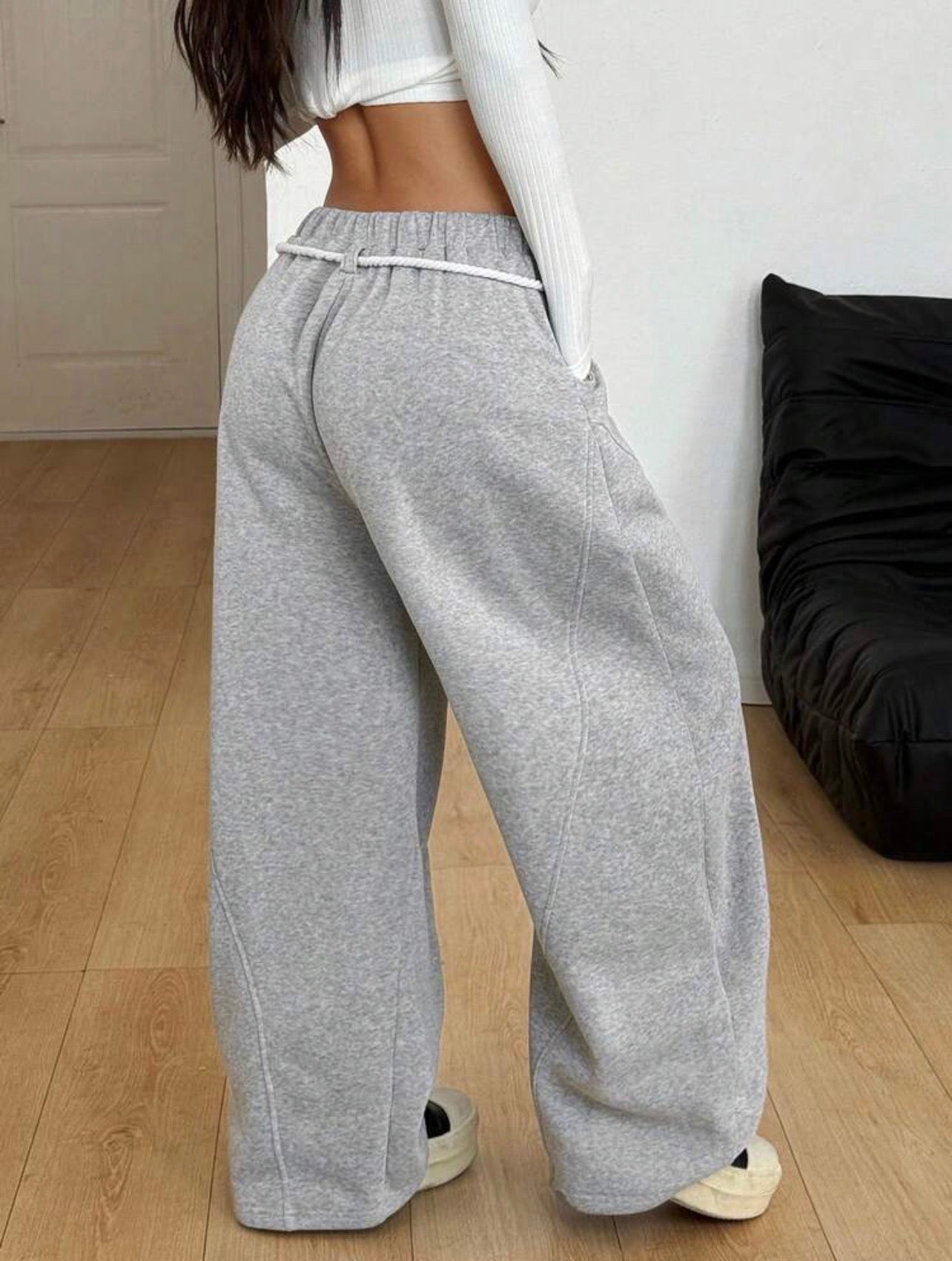 Women’s Casual Elastic Waist Curved Hem Pants – Preppy Streetwear Style