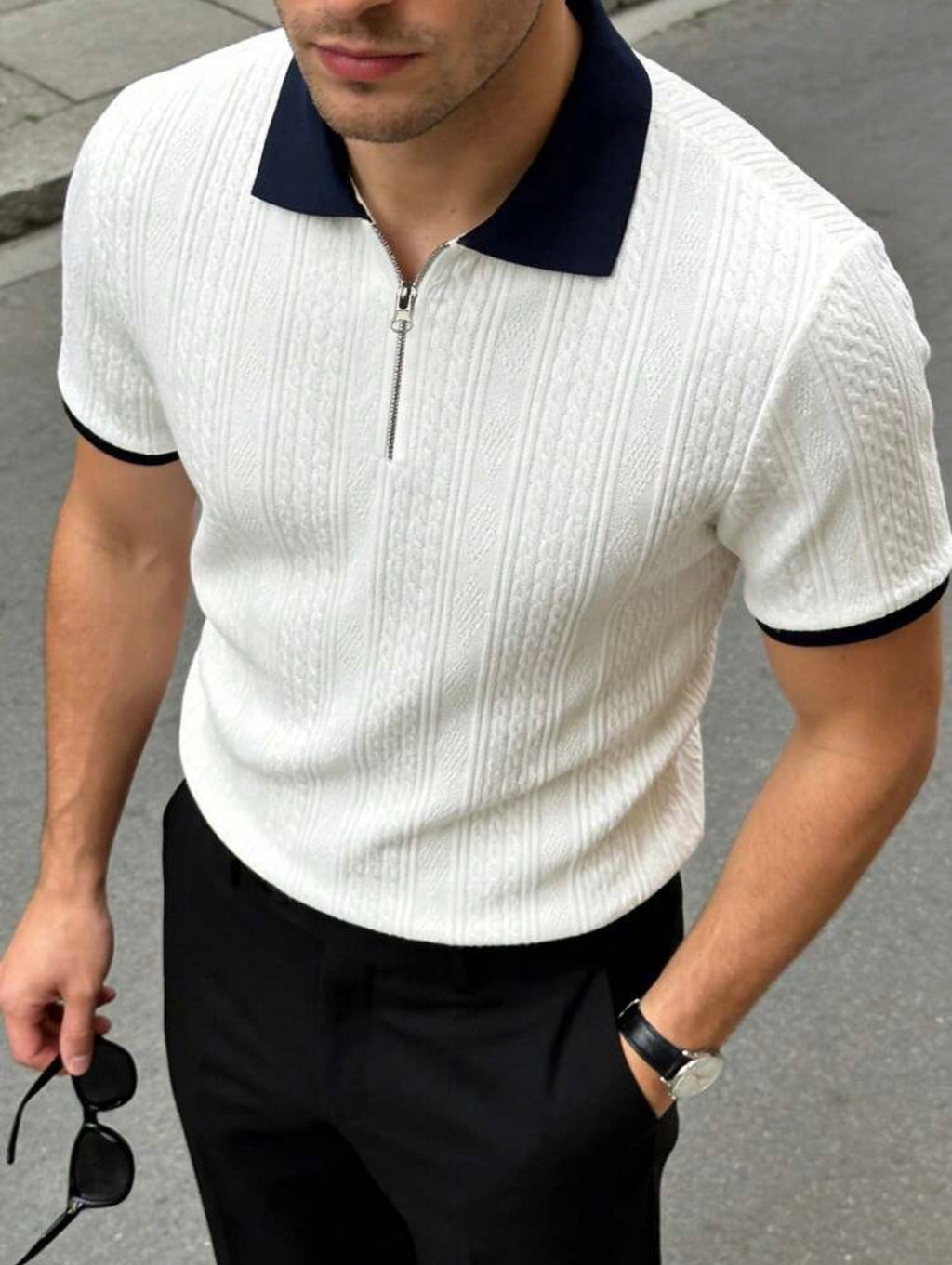 Men’s Jacquard Textured Half-Zip Polo Shirt with Contrast Collar – Casual Smart Top