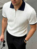 Men’s Jacquard Textured Half-Zip Polo Shirt with Contrast Collar – Casual Smart Top