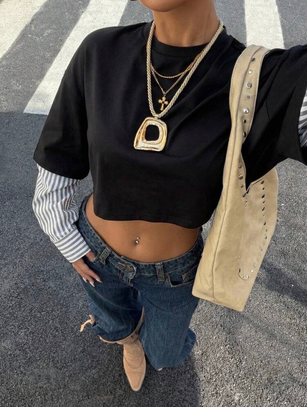 Women’s 2-in-1 Round Neck Loose Long Sleeve Cropped T-Shirt – Casual Fall Top