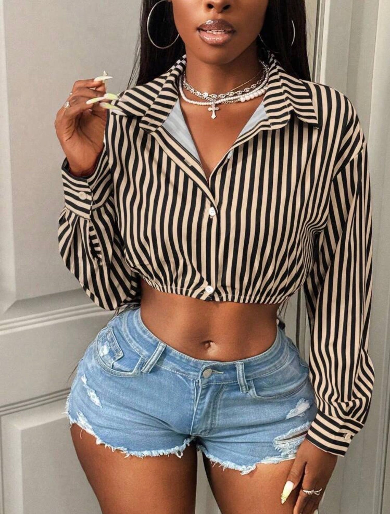 Women’s Striped Single-Breasted Cropped Long Sleeve Shirt – Casual Fashion Top