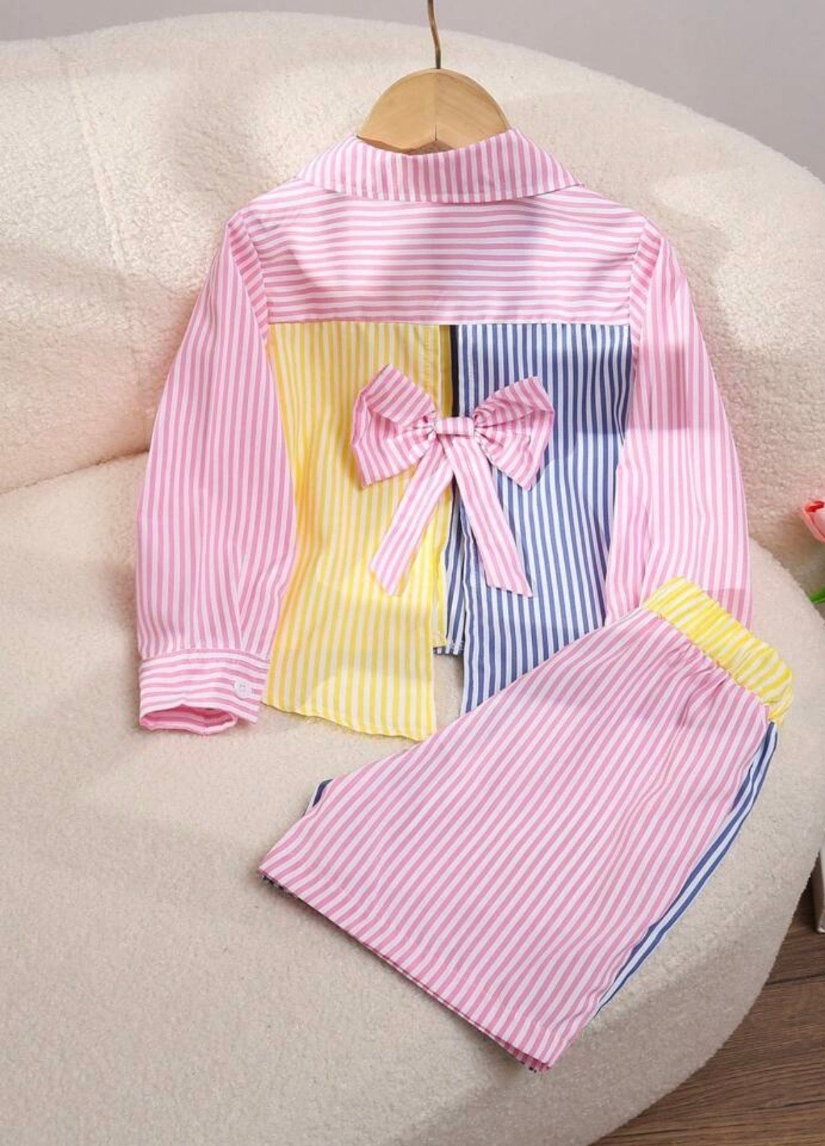Girls Patchwork Contrast Collar Long Sleeve Shirt & Striped Pants Outfit Set