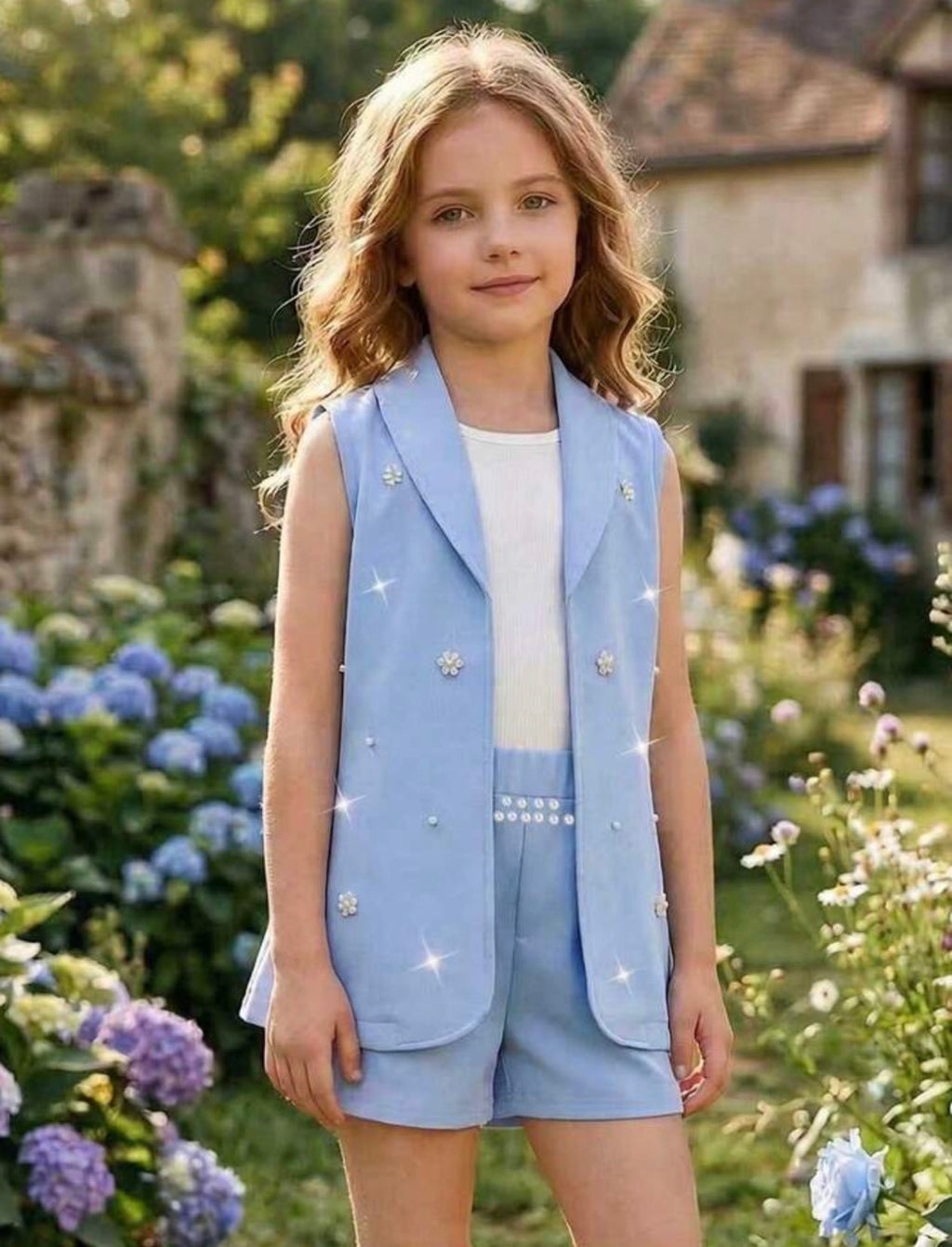 Girls Pink Blazer, Knit Camisole & Pearl Embellished Shorts Formal 3-Piece Set