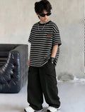 Kids Boys Striped Short Sleeve T-Shirt & Black Pants Casual Tracksuit Set