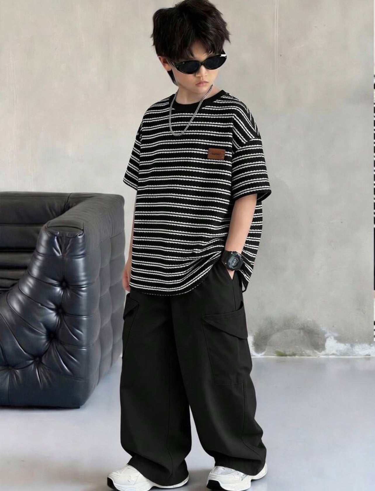 Kids Boys Striped Short Sleeve T-Shirt & Black Pants Casual Tracksuit Set